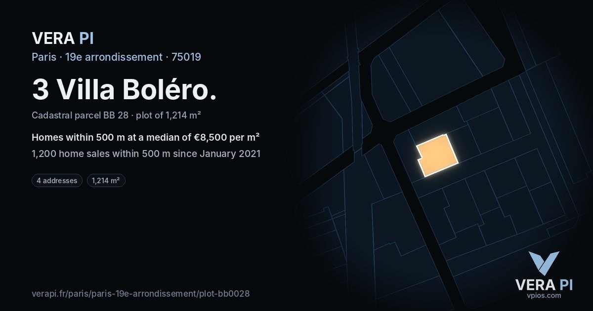 3 Villa Boléro, 19e arrondissement at night – the plot lit, the parcels around coloured by the prices near them