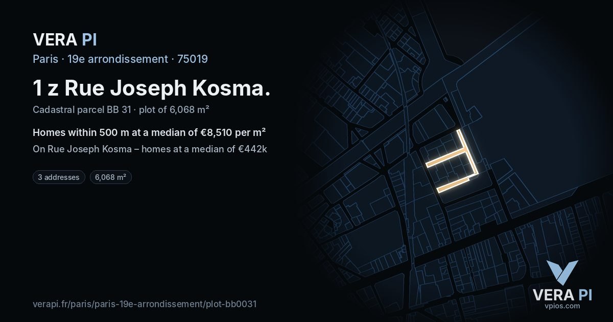 1 z Rue Joseph Kosma, 19e arrondissement at night – the plot lit, the parcels around coloured by the prices near them