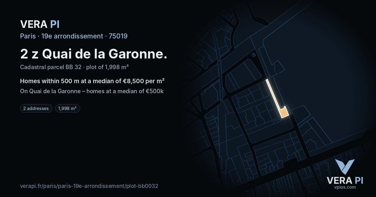 2 z Quai de la Garonne, 19e arrondissement at night – the plot lit, the parcels around coloured by the prices near them
