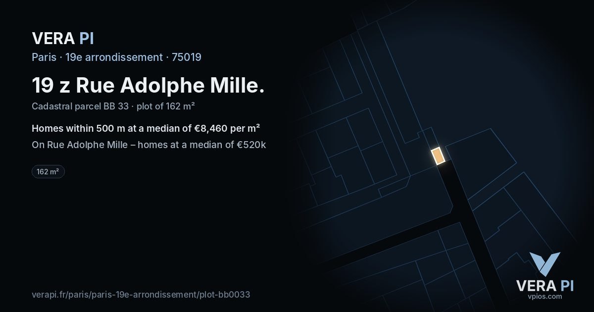 19 z Rue Adolphe Mille, 19e arrondissement at night – the plot lit, the parcels around coloured by the prices near them