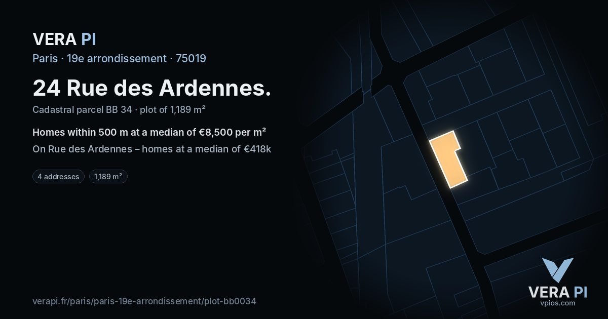 24 Rue des Ardennes, 19e arrondissement at night – the plot lit, the parcels around coloured by the prices near them
