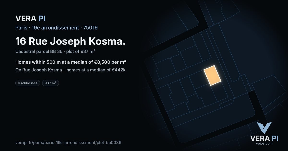 16 Rue Joseph Kosma, 19e arrondissement at night – the plot lit, the parcels around coloured by the prices near them