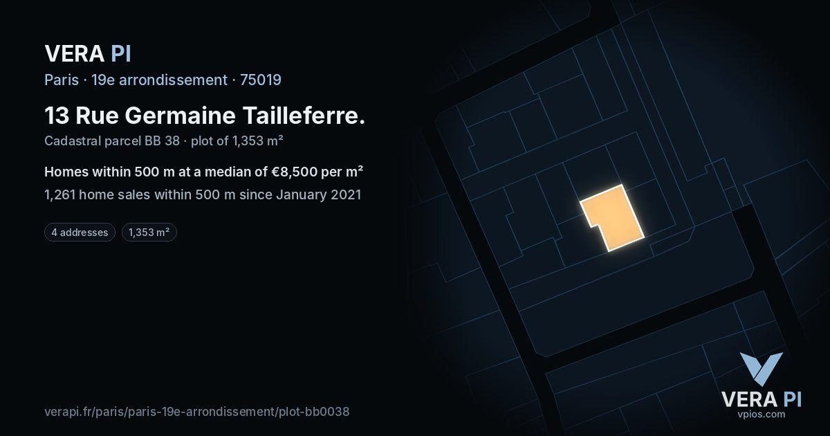 13 Rue Germaine Tailleferre, 19e arrondissement at night – the plot lit, the parcels around coloured by the prices near them