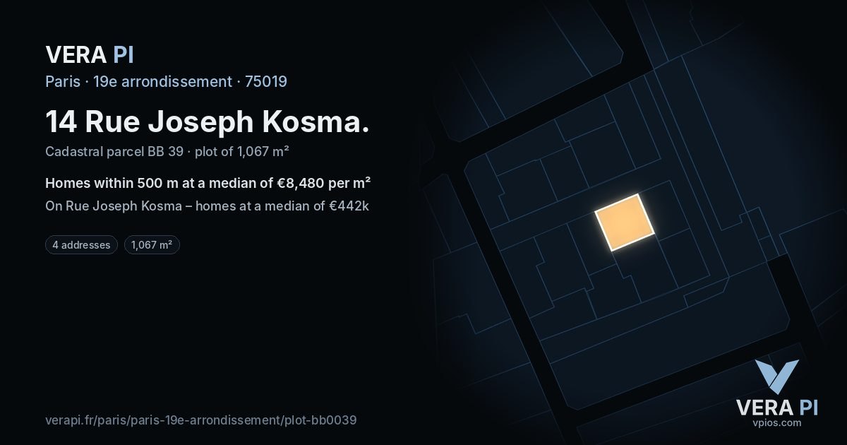 14 Rue Joseph Kosma, 19e arrondissement at night – the plot lit, the parcels around coloured by the prices near them