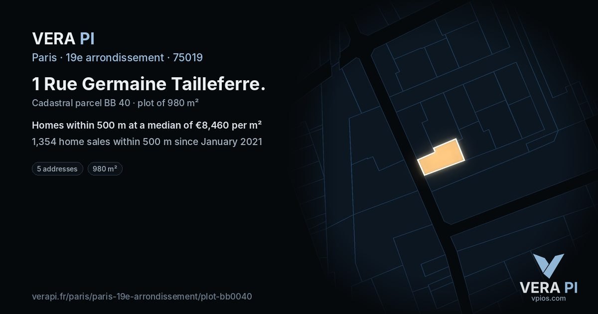 1 Rue Germaine Tailleferre, 19e arrondissement at night – the plot lit, the parcels around coloured by the prices near them