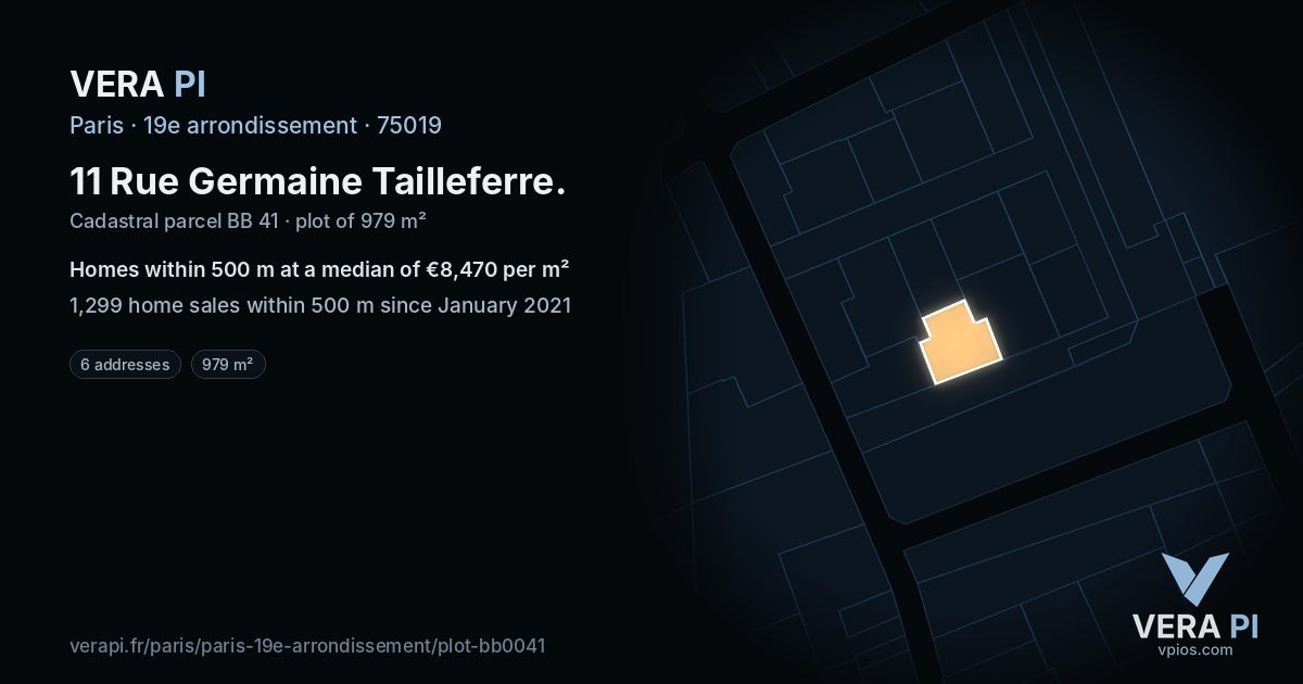 11 Rue Germaine Tailleferre, 19e arrondissement at night – the plot lit, the parcels around coloured by the prices near them