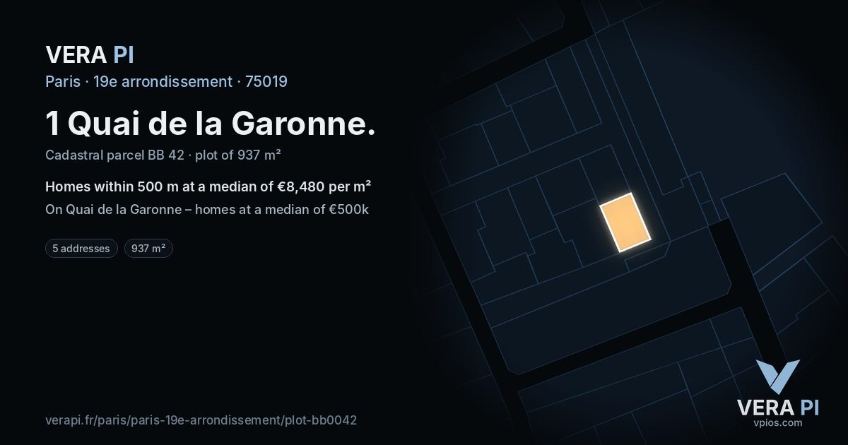 1 Quai de la Garonne, 19e arrondissement at night – the plot lit, the parcels around coloured by the prices near them