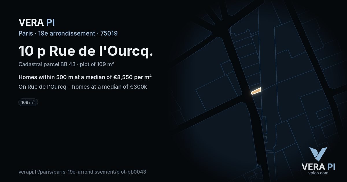 10 p Rue de l'Ourcq, 19e arrondissement at night – the plot lit, the parcels around coloured by the prices near them
