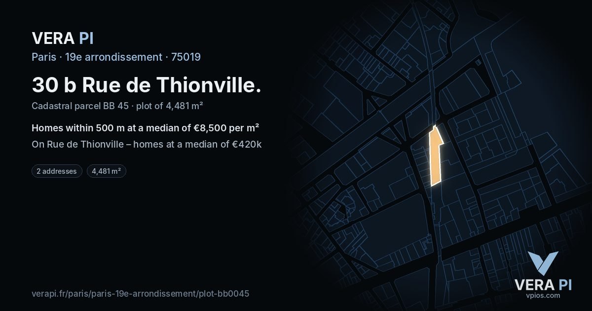 30 b Rue de Thionville, 19e arrondissement at night – the plot lit, the parcels around coloured by the prices near them
