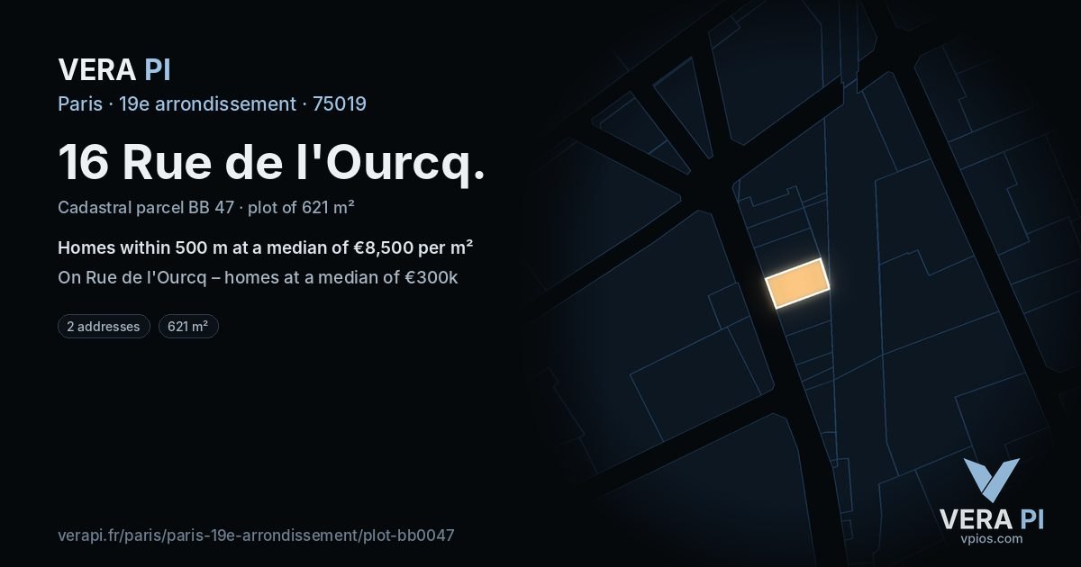 16 Rue de l'Ourcq, 19e arrondissement at night – the plot lit, the parcels around coloured by the prices near them