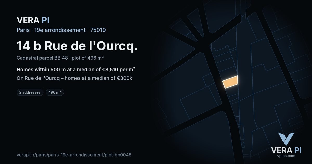 14 b Rue de l'Ourcq, 19e arrondissement at night – the plot lit, the parcels around coloured by the prices near them