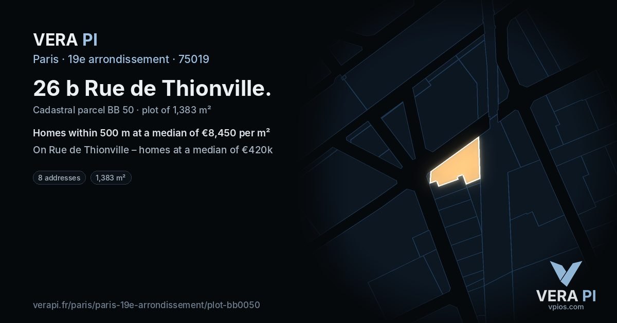 26 b Rue de Thionville, 19e arrondissement at night – the plot lit, the parcels around coloured by the prices near them