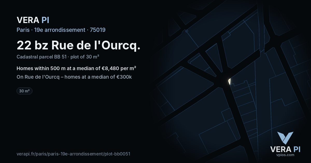 22 bz Rue de l'Ourcq, 19e arrondissement at night – the plot lit, the parcels around coloured by the prices near them