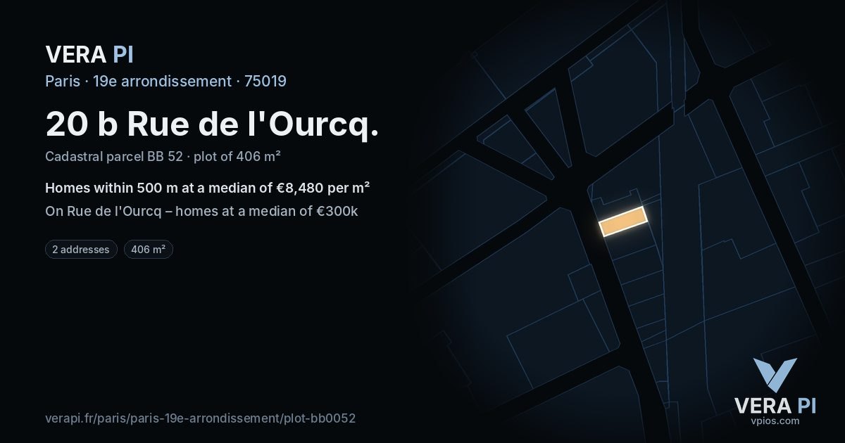 20 b Rue de l'Ourcq, 19e arrondissement at night – the plot lit, the parcels around coloured by the prices near them