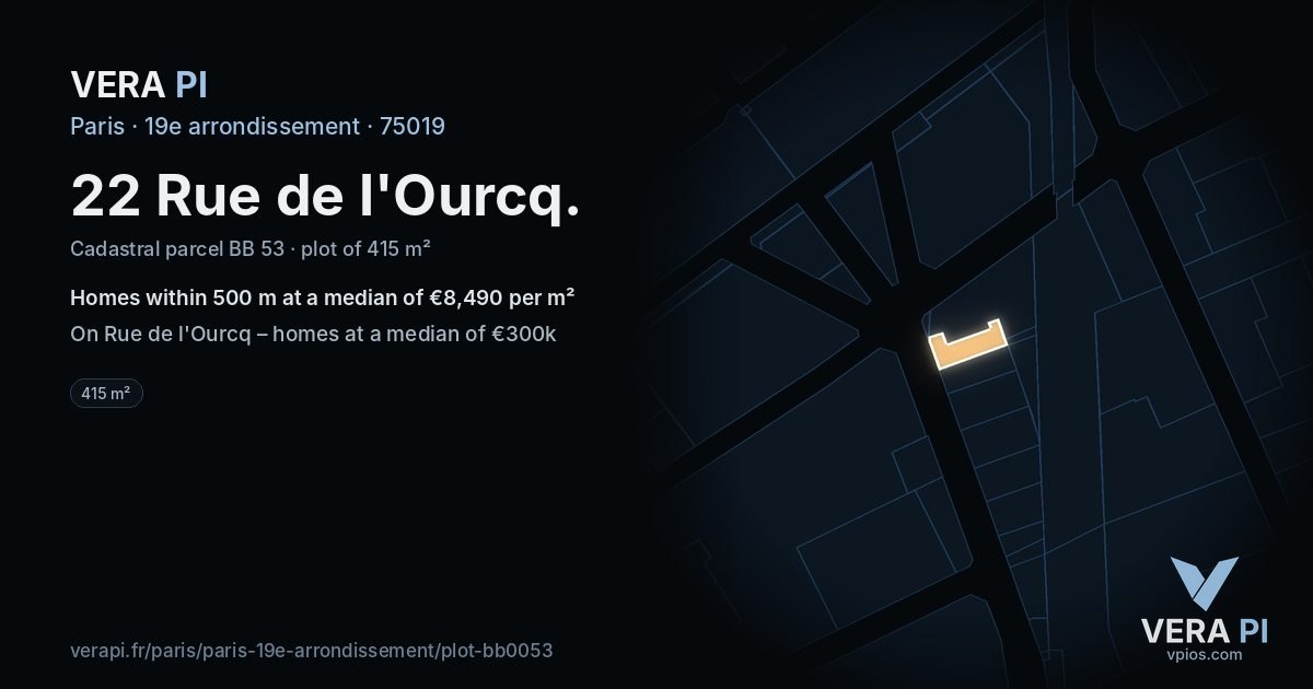 22 Rue de l'Ourcq, 19e arrondissement at night – the plot lit, the parcels around coloured by the prices near them
