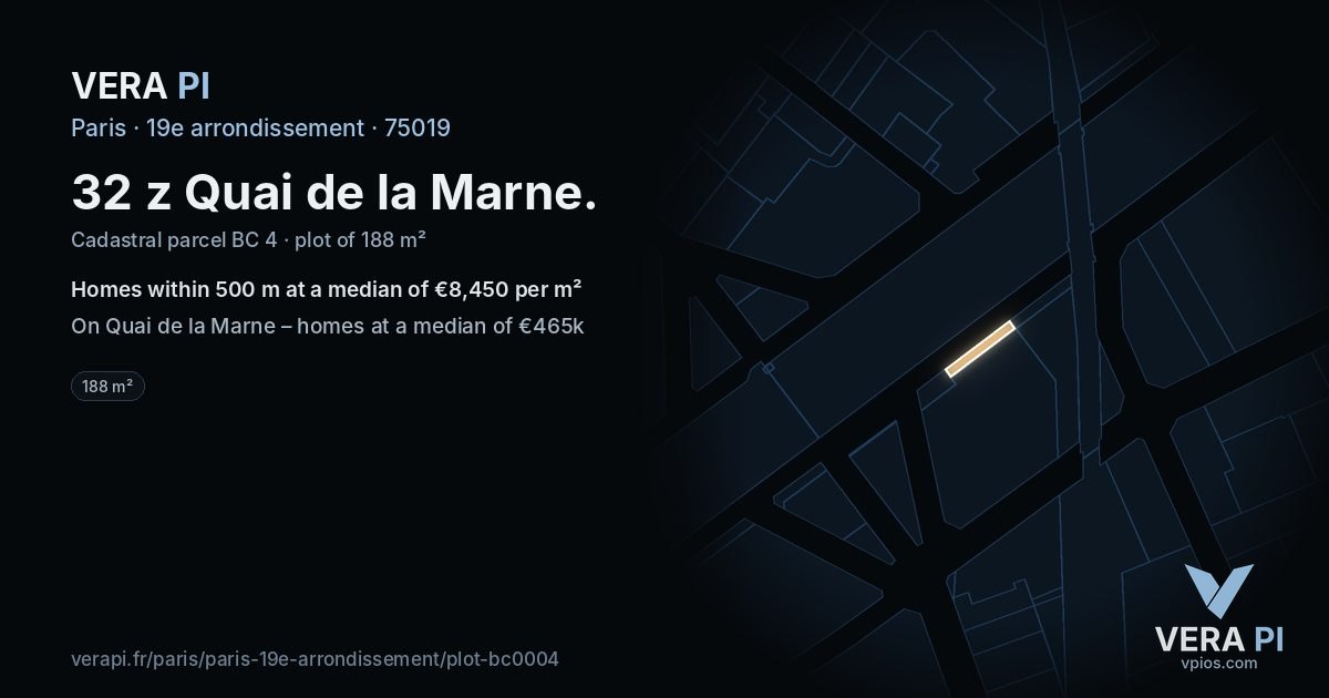 32 z Quai de la Marne, 19e arrondissement at night – the plot lit, the parcels around coloured by the prices near them