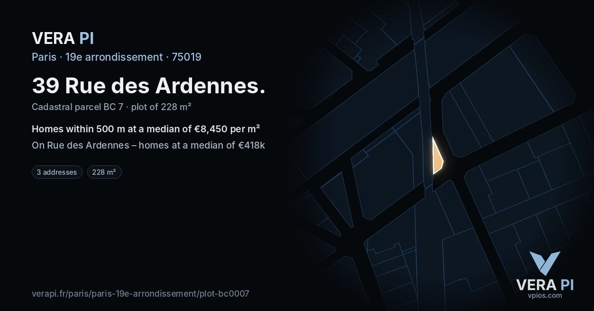 39 Rue des Ardennes, 19e arrondissement at night – the plot lit, the parcels around coloured by the prices near them