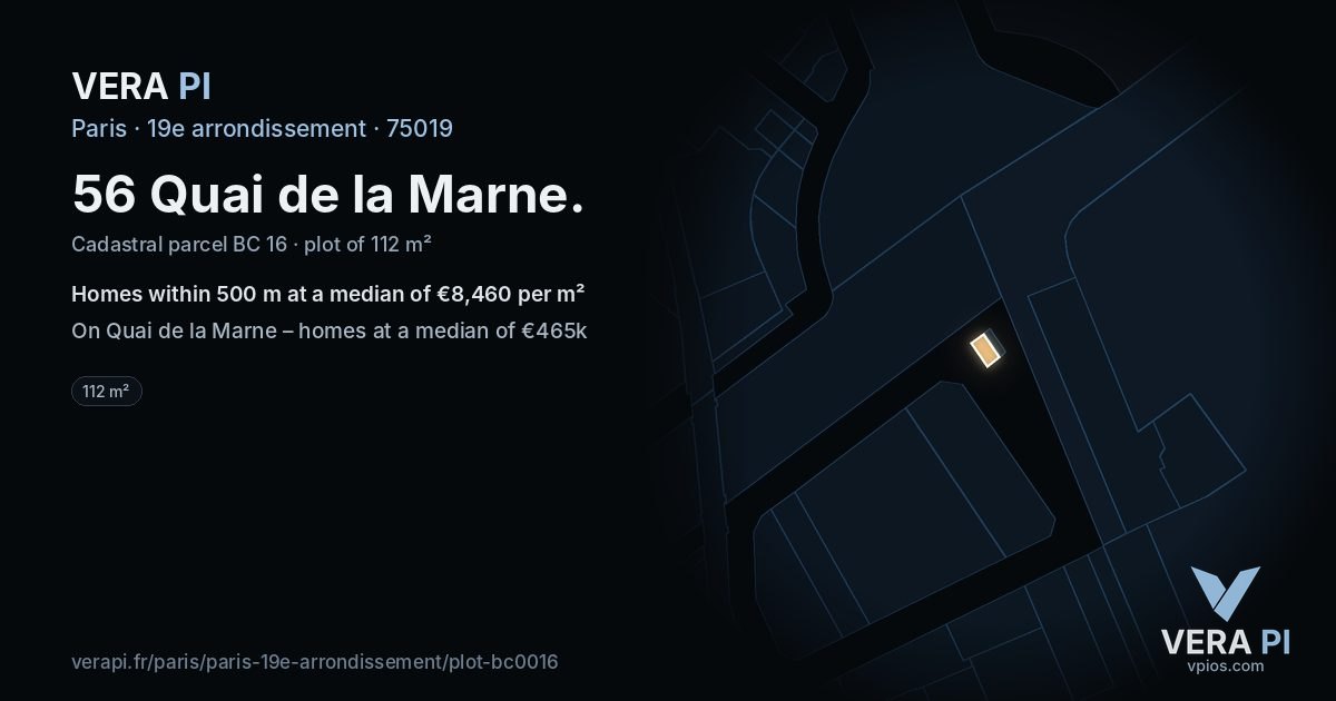 56 Quai de la Marne, 19e arrondissement at night – the plot lit, the parcels around coloured by the prices near them