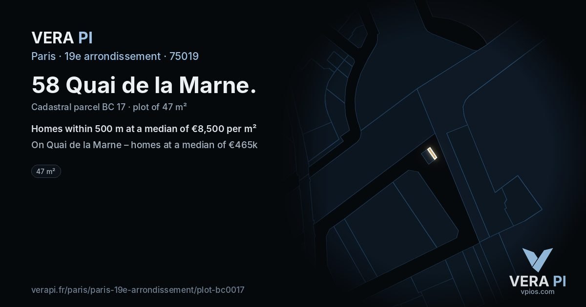 58 Quai de la Marne, 19e arrondissement at night – the plot lit, the parcels around coloured by the prices near them