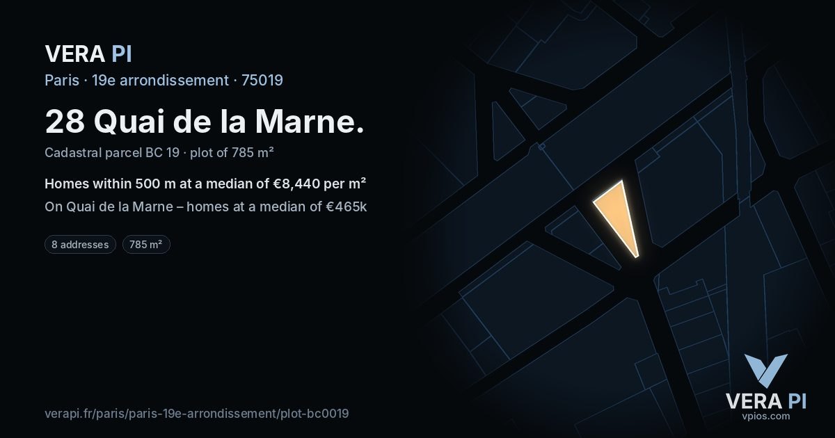 28 Quai de la Marne, 19e arrondissement at night – the plot lit, the parcels around coloured by the prices near them