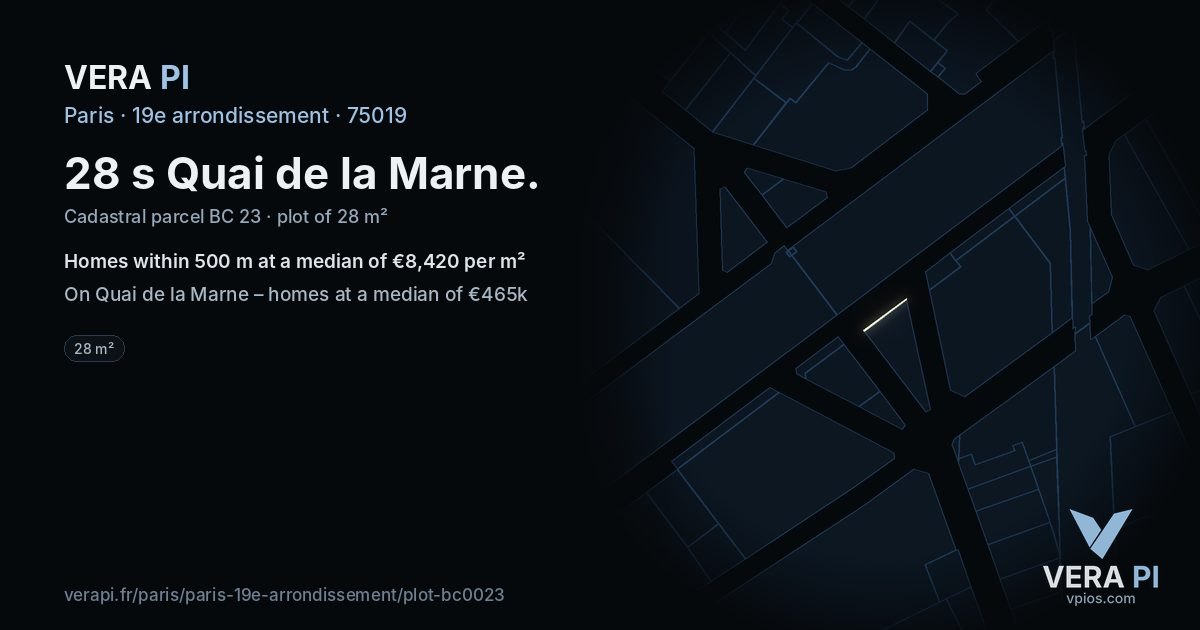 28 s Quai de la Marne, 19e arrondissement at night – the plot lit, the parcels around coloured by the prices near them