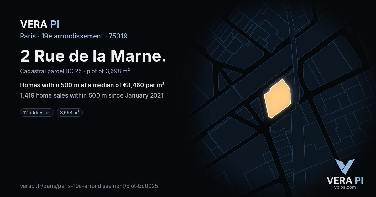 2 Rue de la Marne, 19e arrondissement at night – the plot lit, the parcels around coloured by the prices near them