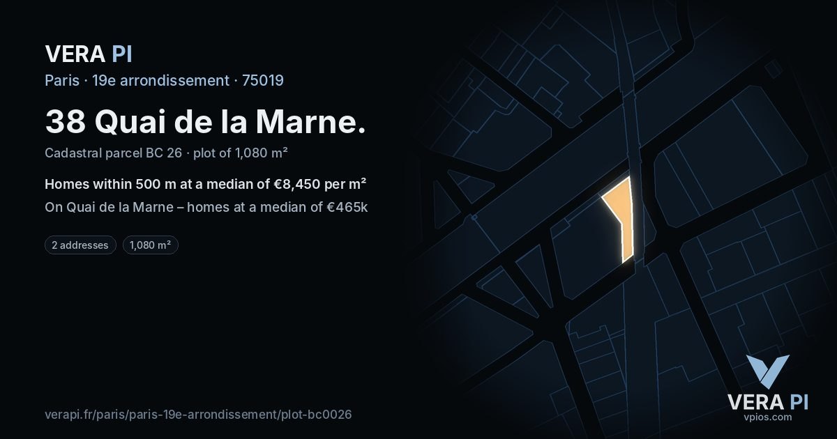 38 Quai de la Marne, 19e arrondissement at night – the plot lit, the parcels around coloured by the prices near them