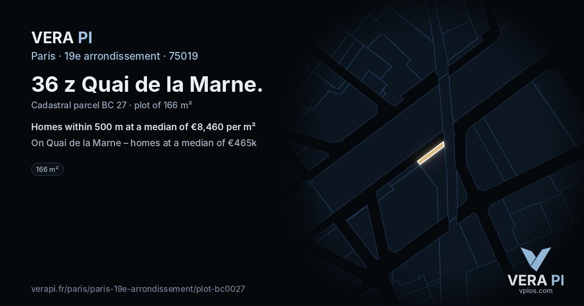 36 z Quai de la Marne, 19e arrondissement at night – the plot lit, the parcels around coloured by the prices near them