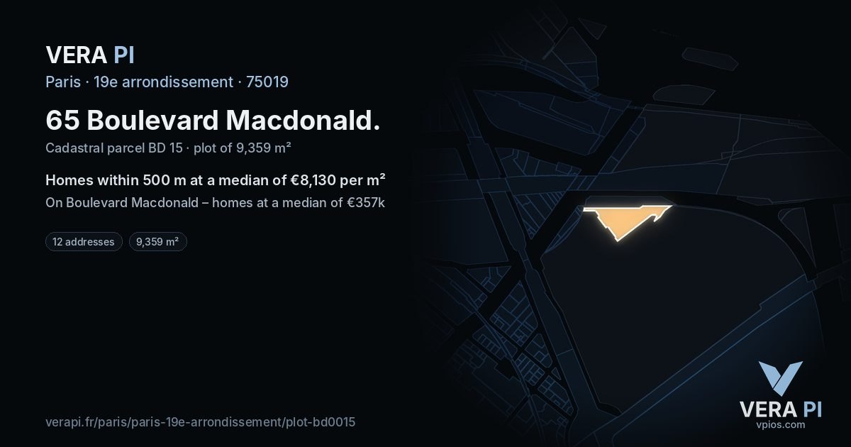 65 Boulevard Macdonald, 19e arrondissement at night – the plot lit, the parcels around coloured by the prices near them
