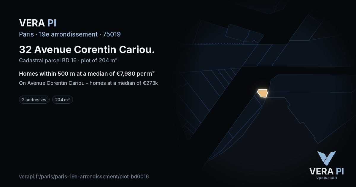 32 Avenue Corentin Cariou, 19e arrondissement at night – the plot lit, the parcels around coloured by the prices near them