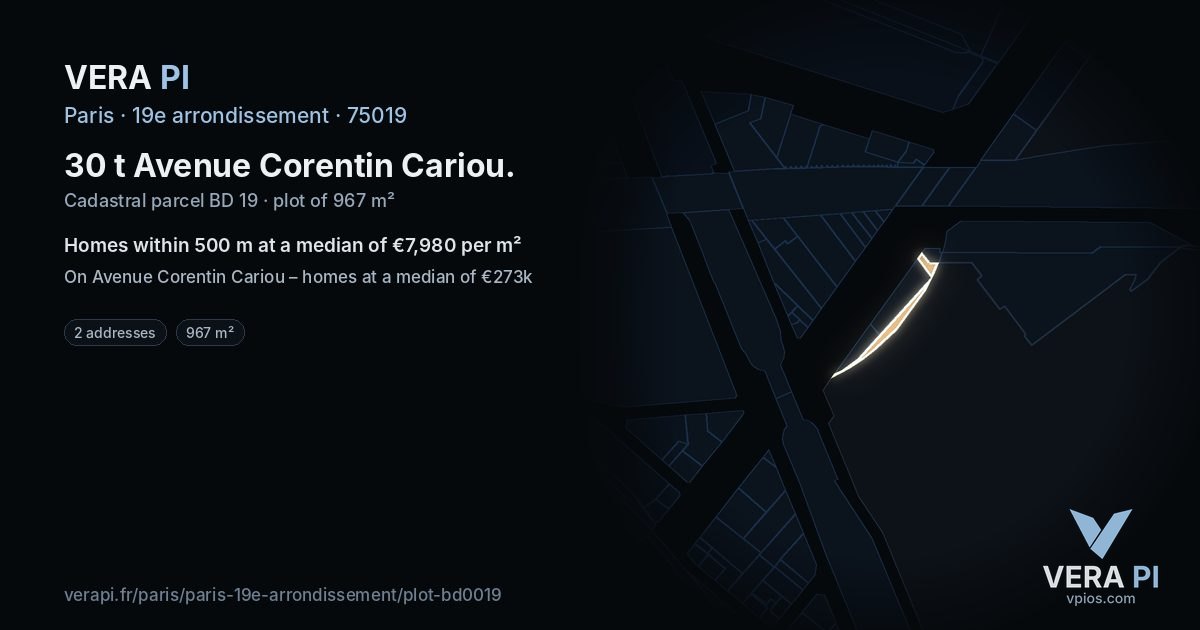 30 t Avenue Corentin Cariou, 19e arrondissement at night – the plot lit, the parcels around coloured by the prices near them