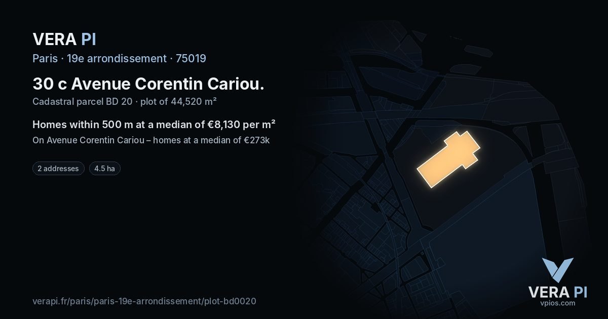 30 c Avenue Corentin Cariou, 19e arrondissement at night – the plot lit, the parcels around coloured by the prices near them