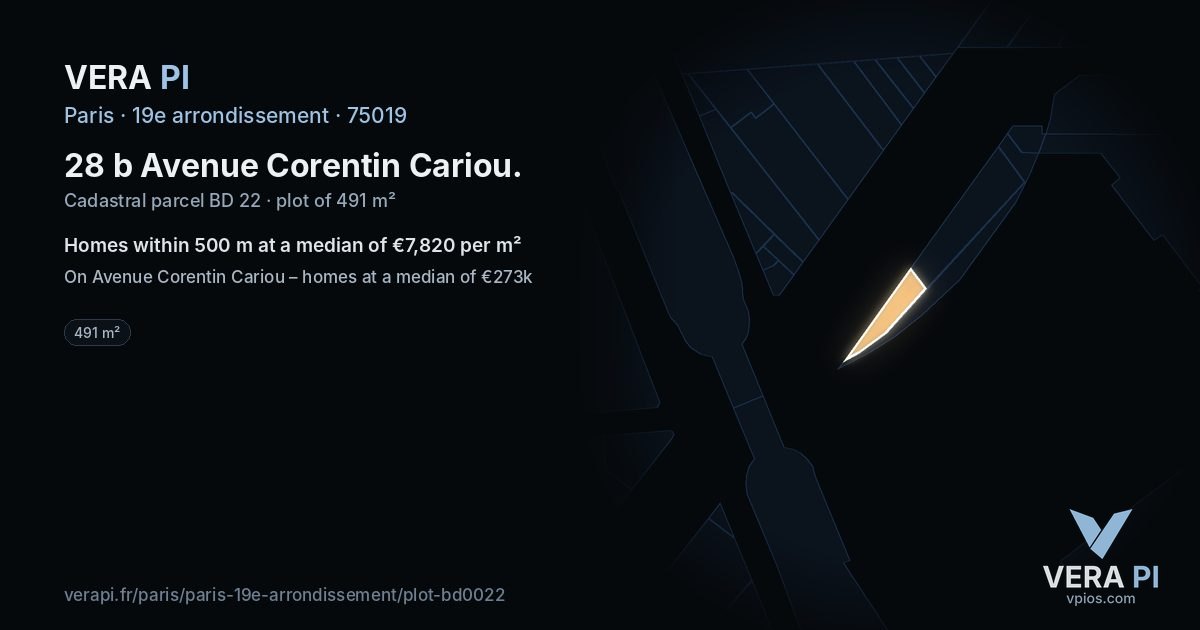 28 b Avenue Corentin Cariou, 19e arrondissement at night – the plot lit, the parcels around coloured by the prices near them