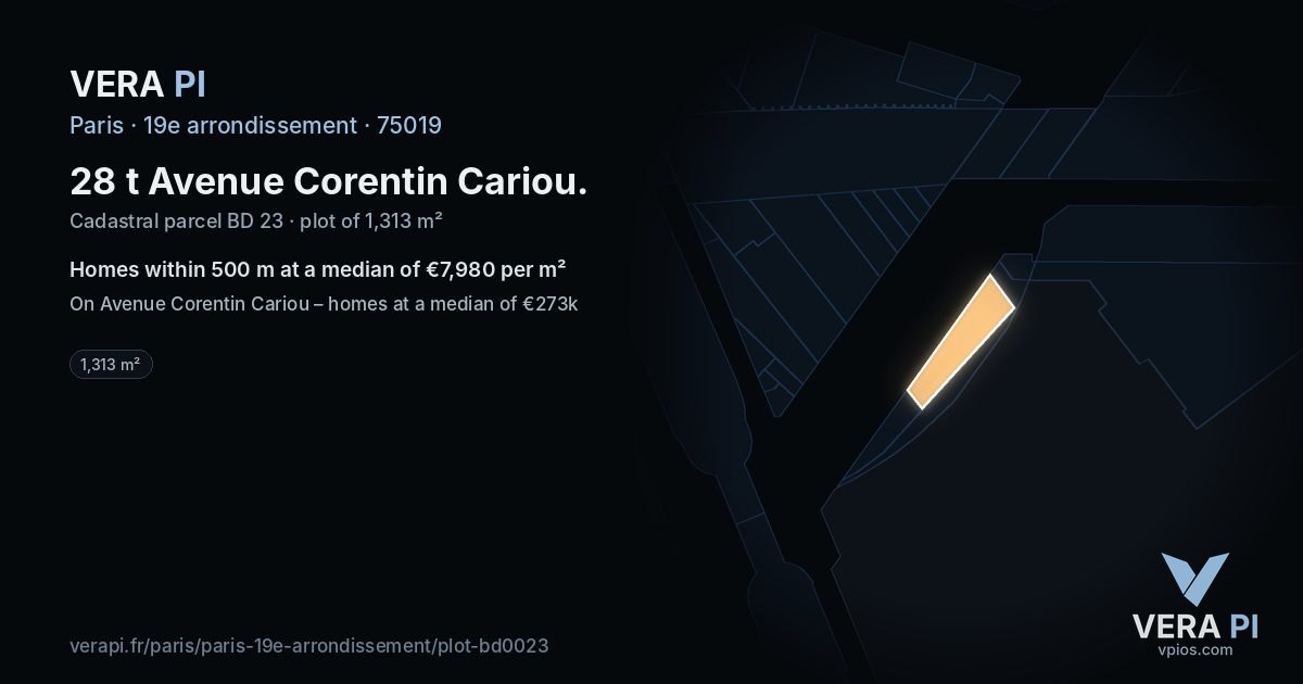 28 t Avenue Corentin Cariou, 19e arrondissement at night – the plot lit, the parcels around coloured by the prices near them