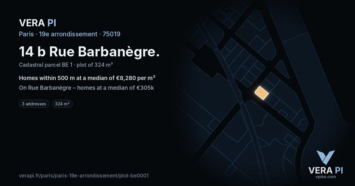 14 b Rue Barbanègre, 19e arrondissement at night – the plot lit, the parcels around coloured by the prices near them