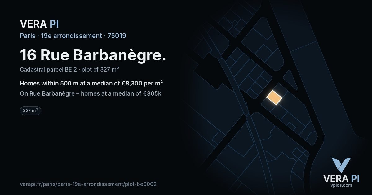 16 Rue Barbanègre, 19e arrondissement at night – the plot lit, the parcels around coloured by the prices near them