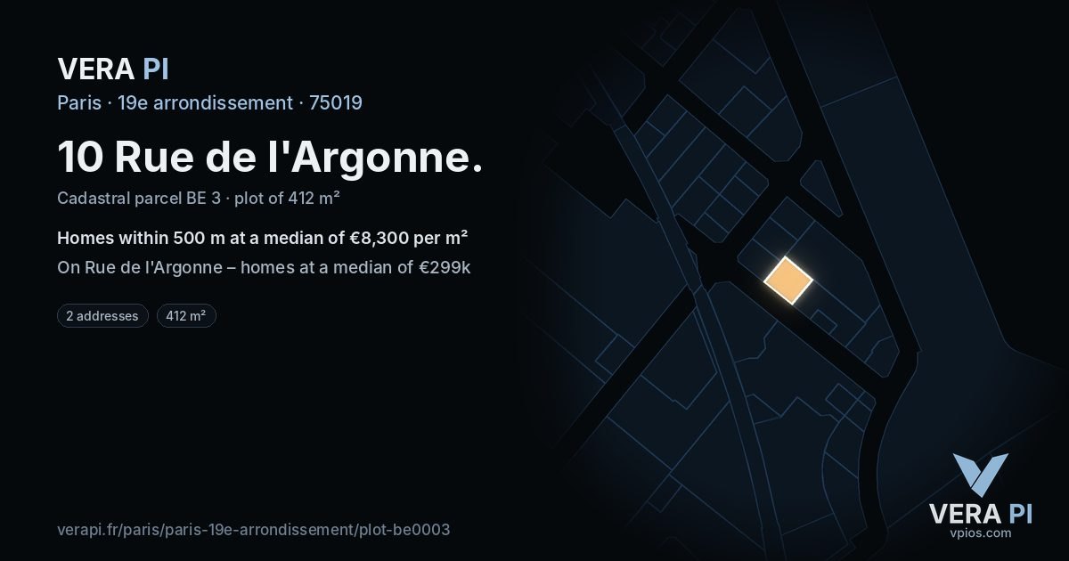 10 Rue de l'Argonne, 19e arrondissement at night – the plot lit, the parcels around coloured by the prices near them
