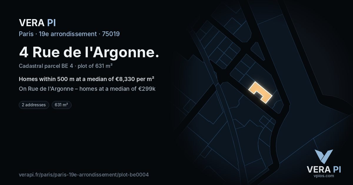4 Rue de l'Argonne, 19e arrondissement at night – the plot lit, the parcels around coloured by the prices near them
