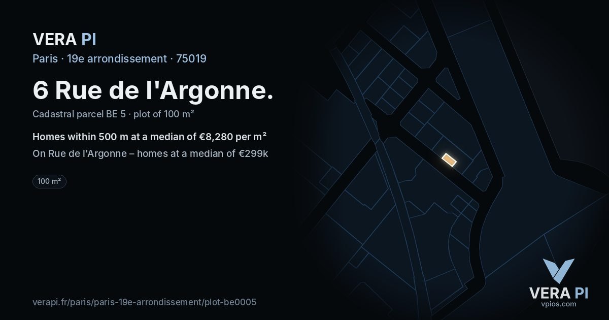 6 Rue de l'Argonne, 19e arrondissement at night – the plot lit, the parcels around coloured by the prices near them
