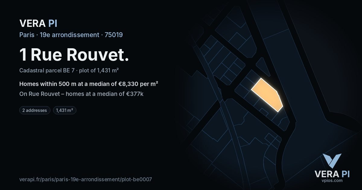 1 Rue Rouvet, 19e arrondissement at night – the plot lit, the parcels around coloured by the prices near them