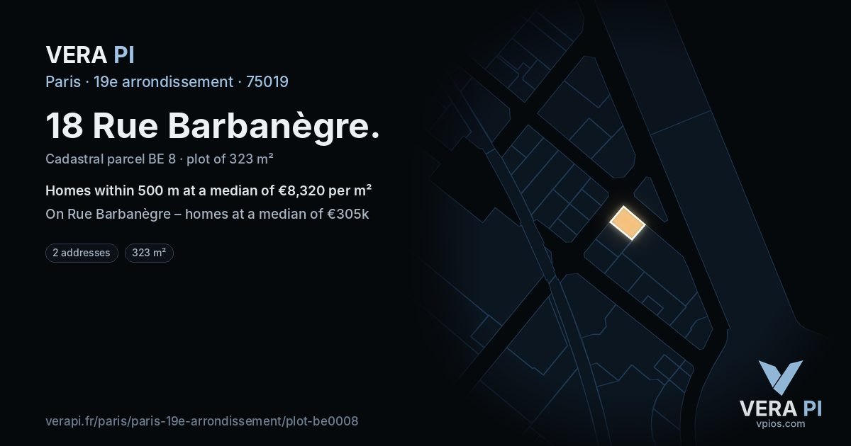 18 Rue Barbanègre, 19e arrondissement at night – the plot lit, the parcels around coloured by the prices near them