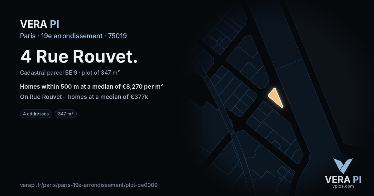 4 Rue Rouvet, 19e arrondissement at night – the plot lit, the parcels around coloured by the prices near them