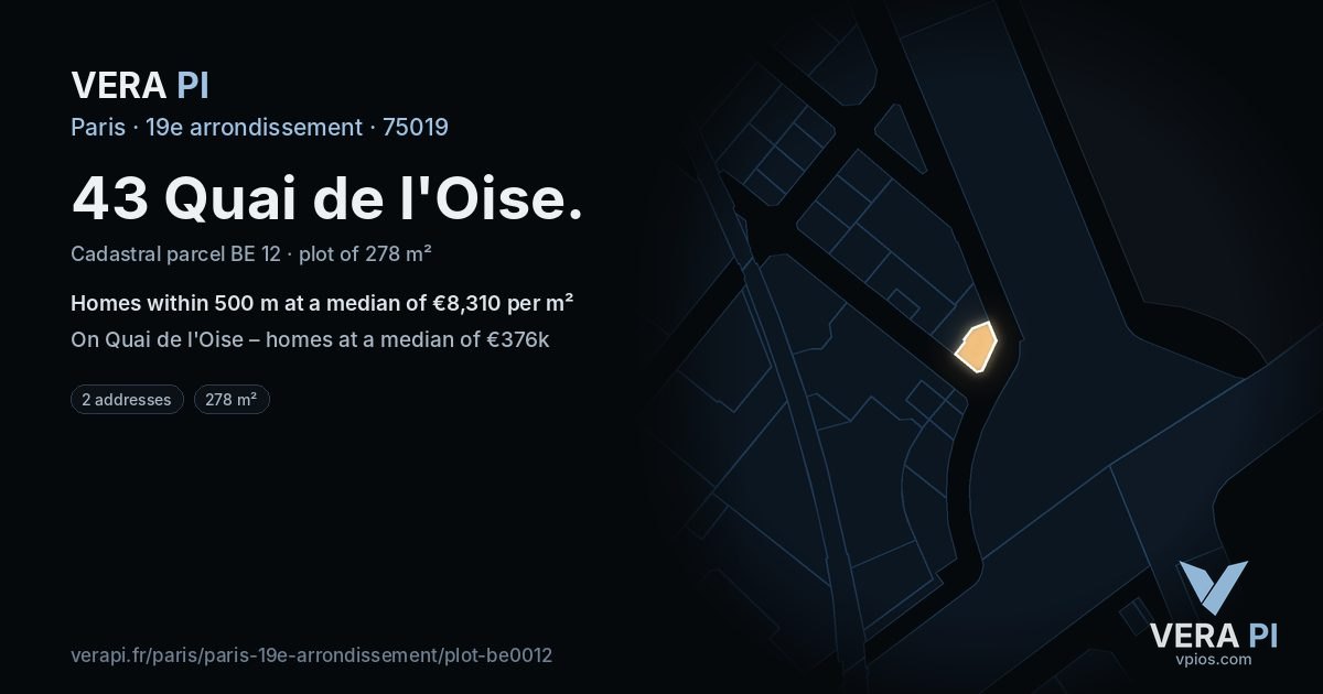 43 Quai de l'Oise, 19e arrondissement at night – the plot lit, the parcels around coloured by the prices near them