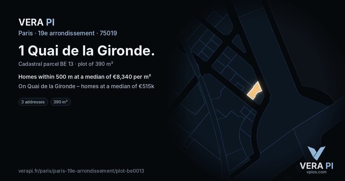 1 Quai de la Gironde, 19e arrondissement at night – the plot lit, the parcels around coloured by the prices near them