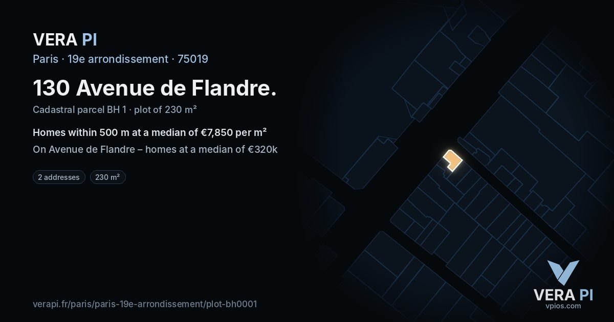 130 Avenue de Flandre, 19e arrondissement at night – the plot lit, the parcels around coloured by the prices near them