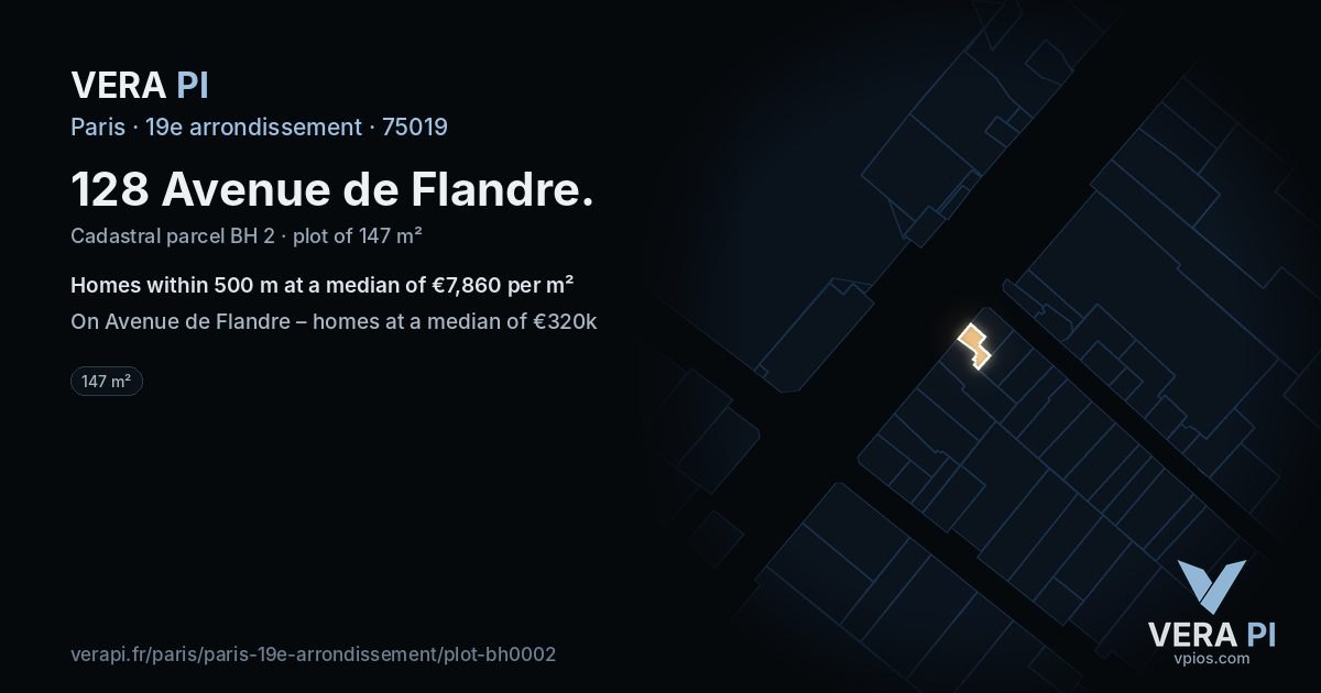 128 Avenue de Flandre, 19e arrondissement at night – the plot lit, the parcels around coloured by the prices near them