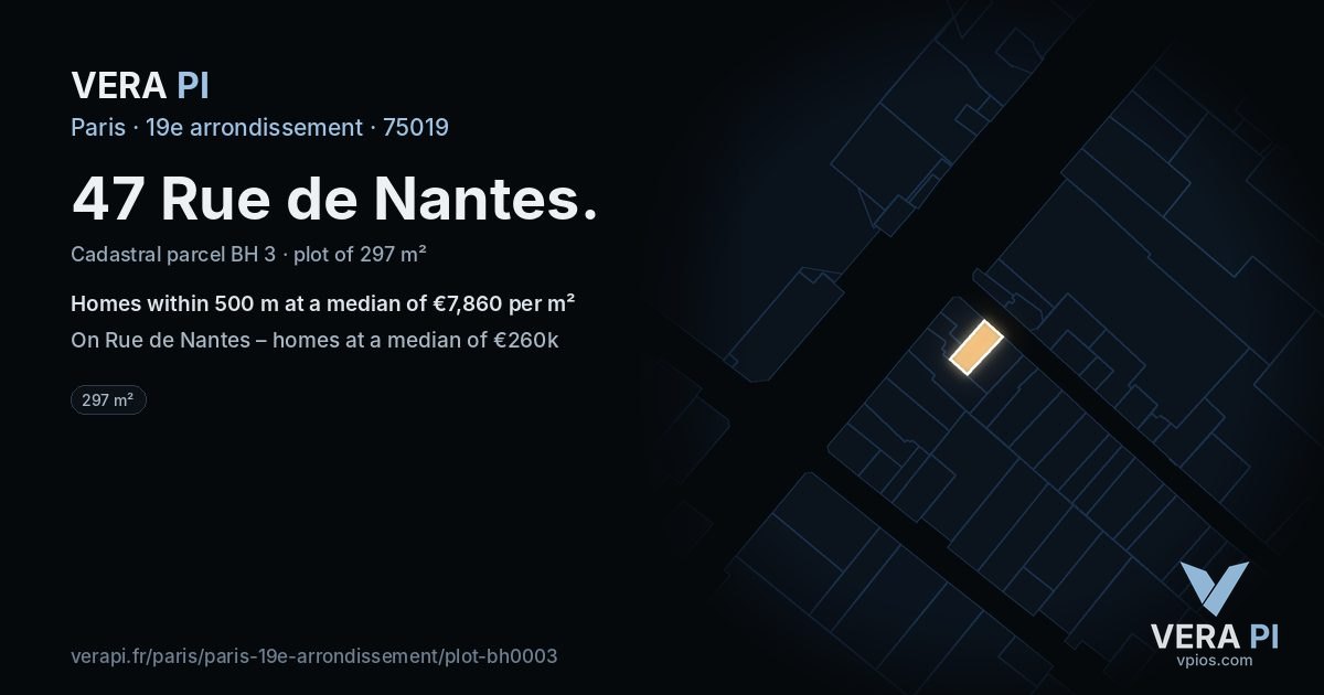 47 Rue de Nantes, 19e arrondissement at night – the plot lit, the parcels around coloured by the prices near them