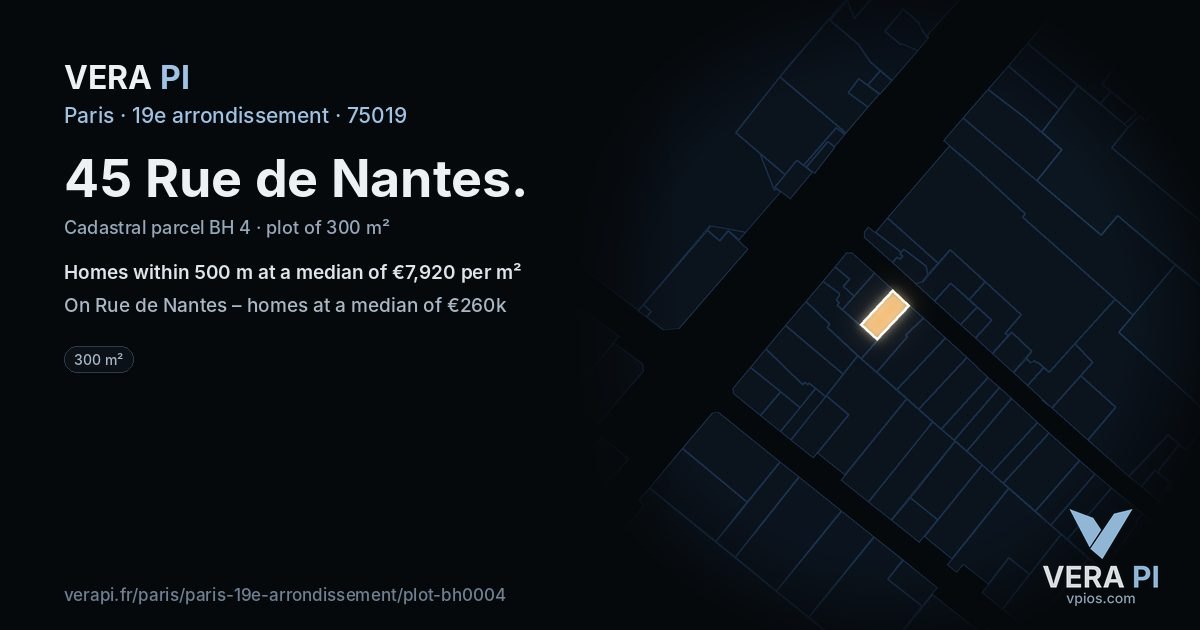 45 Rue de Nantes, 19e arrondissement at night – the plot lit, the parcels around coloured by the prices near them