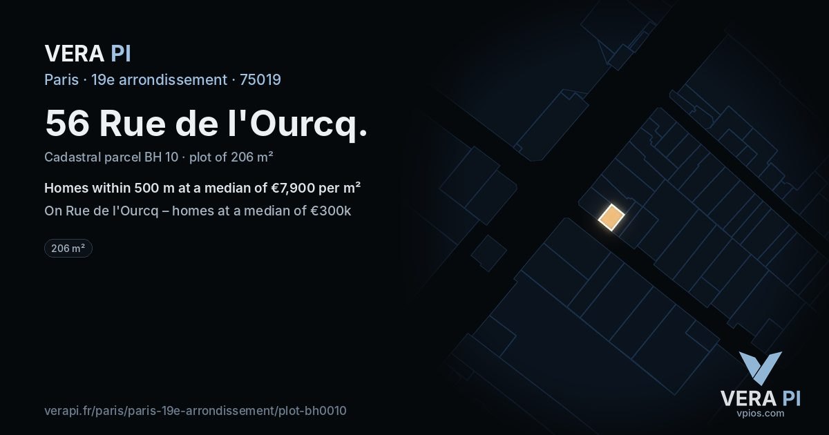 56 Rue de l'Ourcq, 19e arrondissement at night – the plot lit, the parcels around coloured by the prices near them