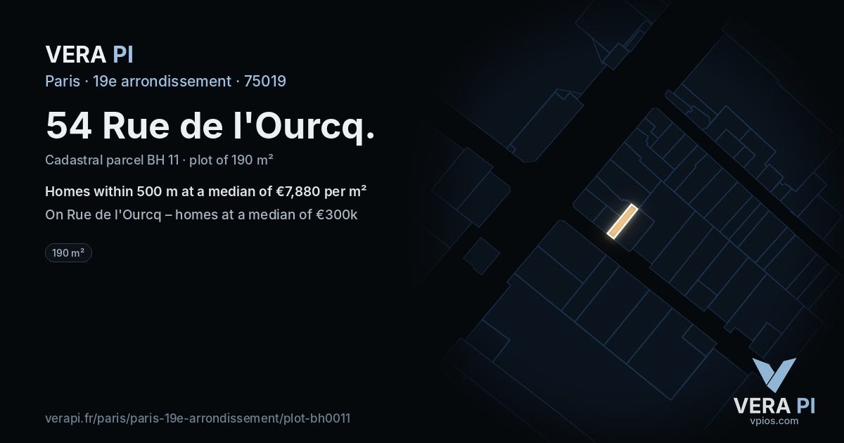 54 Rue de l'Ourcq, 19e arrondissement at night – the plot lit, the parcels around coloured by the prices near them
